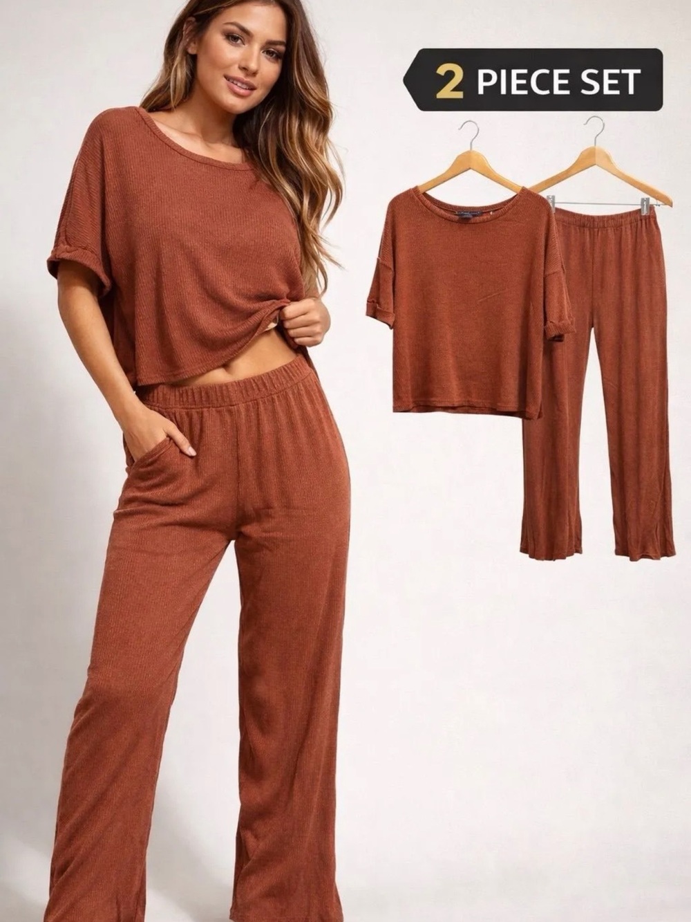 Cozy Two-Piece Pantsuit Set - Rust